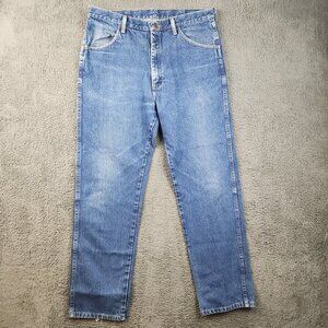 Mens Classic Fit Jeans Straight Leg Blue Faded Durable Workwear Denim Size 36x32